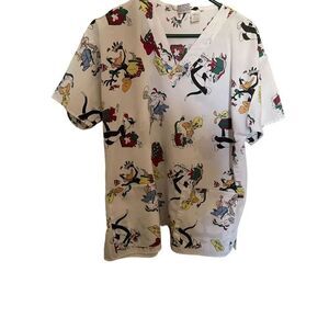 Warner Bros. Womens White Looney Tunes Allover Print V-Neck Scrub Top Medium